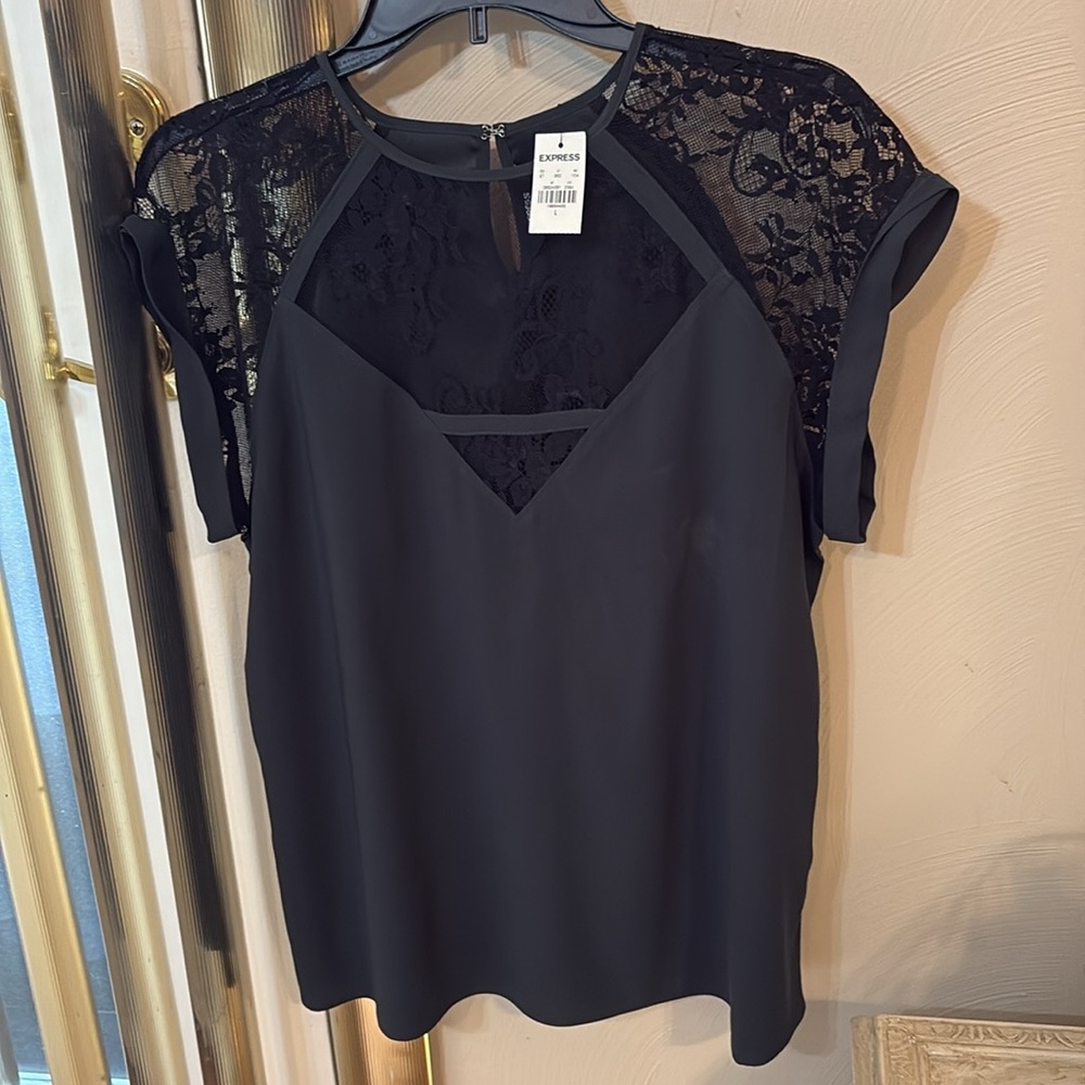 NWT Express dk olive green/Black lace Cut Out Blouse sz L.Gorgeous see-thru lace - Picture 5 of 6